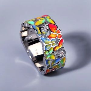Anthro Silver Gold Enamel Butterfly Garden Boho Flora Wide Ring Jewelry Dopamine